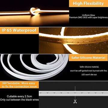 Lamomo LED Neon Lights, 12V Warm White Dimmable LED Strip Lights, 16.4ft/5m Waterproof LED Neon Rope Lights, Silicone 3000K Neon LED Strip for Bedroom Indoor Home Decor (Power Adapter Included)