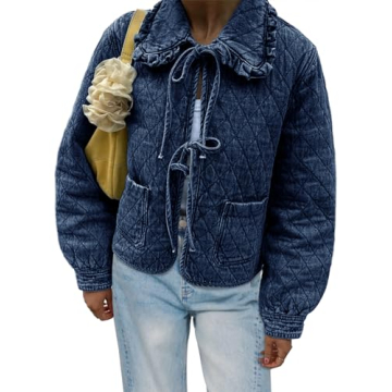 Tankaneo Womens Quilted Denim Puffer Jackets Tie Front Bow Cropped Puffy Jackets Fall Cute Short Jea...