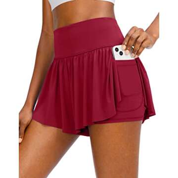Flowy Running Shorts for Women with 4 Pockets 2 in 1 High Waisted Women's Butterfly Workout Athletic Tennis Skirt Shorts (Red, M)