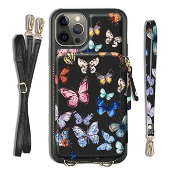 ZVE for iPhone 13 Pro Crossbody Case - Colorful Butterfly Design with RFID Blocking