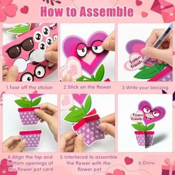 WATINC 32PCS Valentine’s Day Flower Craft Kit, Make Your Own Valentine Heart Flowers Pot Gift Craft Decorations, DIY Art Set Home School Classroom Fun Activities Party Decors for Kids