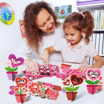 WATINC 32PCS Valentine’s Day Flower Craft Kit, Make Your Own Valentine Heart Flowers Pot Gift Craft Decorations, DIY Art Set Home School Classroom Fun Activities Party Decors for Kids