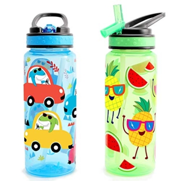Home Tune 23oz Kids Water Drinking Bottle 2 Pack - BPA Free, Flip Straw Lid Cap, Lightweight, Carry ...