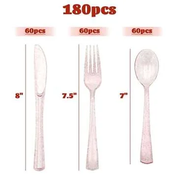 hapray 180PCS Rose Gold Plastic Silverware Set, Disposable Glitter Gold Cutlery, Flatware Set, 60 Go...