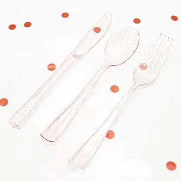 hapray 180PCS Rose Gold Plastic Silverware Set, Disposable Glitter Gold Cutlery, Flatware Set, 60 Gold Forks, 60 Gold Spoons, 60 Gold Knives, Valentines Day Fancy Party Utensils for Christmas