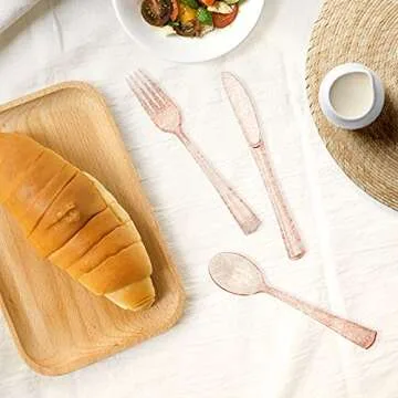 hapray 180PCS Rose Gold Plastic Silverware Set, Disposable Glitter Gold Cutlery, Flatware Set, 60 Gold Forks, 60 Gold Spoons, 60 Gold Knives, Valentines Day Fancy Party Utensils for Christmas