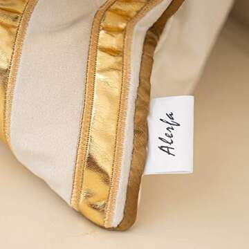 Alerfa Gold Leather Striped White Throw Pillow Cover 20x20 Inch, Geometric Luxury Decorative Embroidered Velvet Pillow Cover for Couch Living Room Bedroom