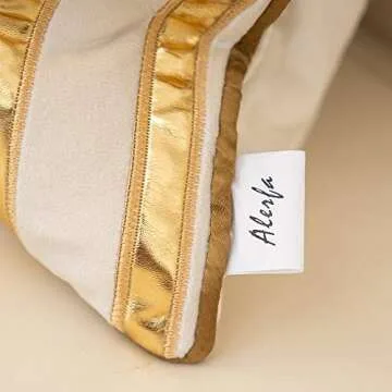 Alerfa Gold Leather Striped White Throw Pillow Cover 20x20 Inch, Geometric Luxury Decorative Embroidered Velvet Pillow Cover for Couch Living Room Bedroom