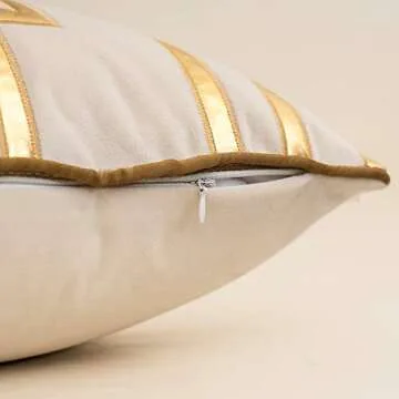 Alerfa Gold Leather Striped White Throw Pillow Cover 20x20 Inch, Geometric Luxury Decorative Embroidered Velvet Pillow Cover for Couch Living Room Bedroom