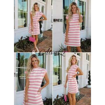 AlvaQ Summer Shirt Dress for Women Trendy 2025 Casual Crewneck Striped Tunic Short Dresses with Pockets Pink Medium