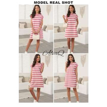 AlvaQ Summer Shirt Dress for Women Trendy 2025 Casual Crewneck Striped Tunic Short Dresses with Pockets Pink Medium