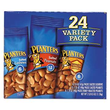 PLANTERS Variety Packs (Salted Cashews, Salted Peanuts & Honey Roasted Peanuts), 24 Packs - Individual Bags of On-the-Go Nut Snacks - No Cholesterol or Trans Fats - Source of Fiber and Healthy Fats