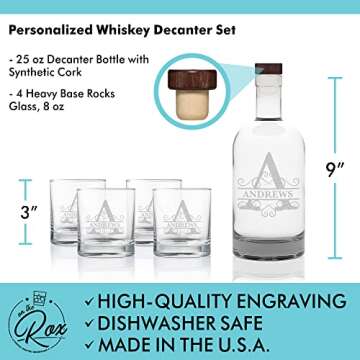 Personalized Whiskey Decanter Set for Men - Custom 5PC Monogram Whiskey Decanter and Glass Set - Sco...