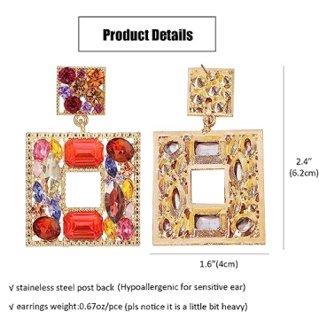 ATIMIGO Rhinestone Square Dangle Earrings - Statement Piece