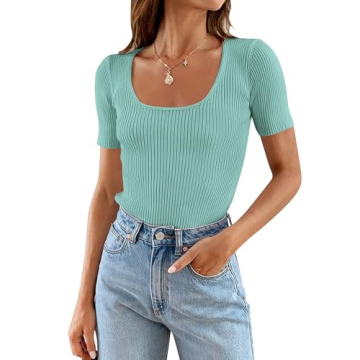 Carpetcom Women's 2024 Short Sleeve Square Neck Ribbed Knit T-Shirts – Stylish Slim Fit Casual Bas...