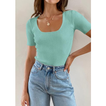 Carpetcom Women's Ribbed Knit Square Neck T-Shirts