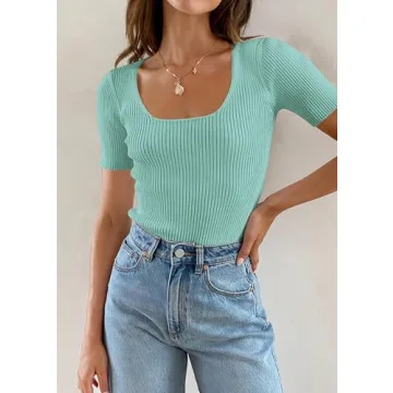 Carpetcom Women's Ribbed Knit Square Neck T-Shirts