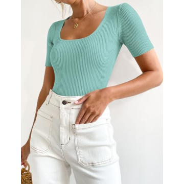 Carpetcom Women's Ribbed Knit Square Neck T-Shirts