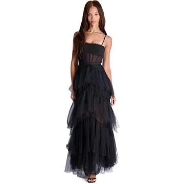 BCBG Max Azria OLY Women’s Tiered Ruffle Tulle Sleeveless Gown Black Size 8