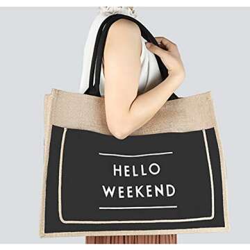 Women's Simple Flax Tote Shoulder Bag, Big Capacity Retro Handbag, Waterproof Lining Shopping Bag (Black, Large)