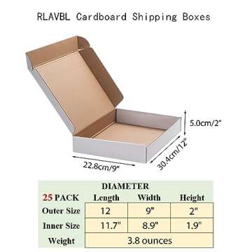 RLAVBL 12x9x2 Shipping Boxes Set of 25, White Corrugated Cardboard Box for Packing, Mailing, Busines...