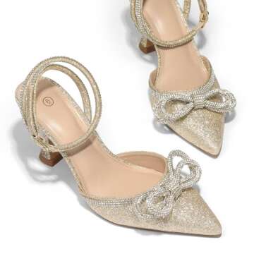 mysoft Women's Rhinestone Bow Pumps Wedding Dress Shoes Pointed Toe Ankle Strap Kitten Heels Gold