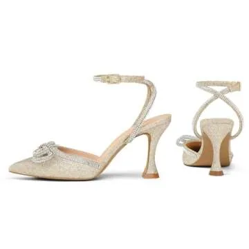 mysoft Women's Rhinestone Bow Pumps Wedding Dress Shoes Pointed Toe Ankle Strap Kitten Heels Gold