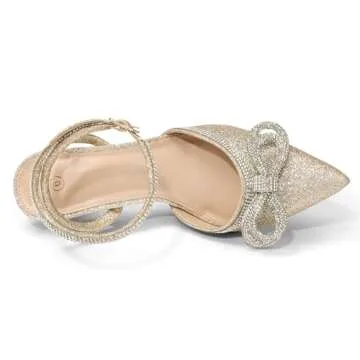 mysoft Women's Rhinestone Bow Pumps Wedding Dress Shoes Pointed Toe Ankle Strap Kitten Heels Gold