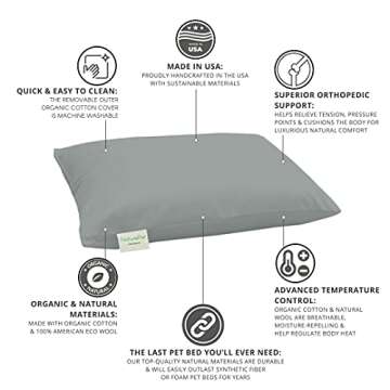 NATUROPET Organic Cotton & Natural Virgin Wool Dog Bed, Removable Washable Cover, Made in USA, Premium Support, for Dogs Up to 160 Lbs - Cloud, Large