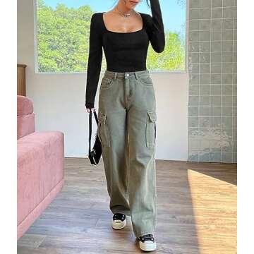 UEU Women's Square Neck Long Sleeve Black Bodysuit Tops Double Lined Going Out Thong Body Suit T Shirt, Small