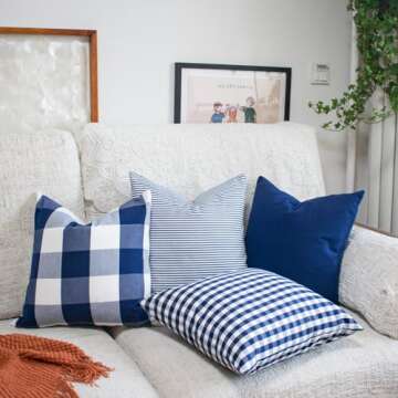 HOPLEE Navy Blue Decorative Pillow Cover 16x16 Pillow Cover with Buffalo Plaid, Solid Navy Blue, Tri...