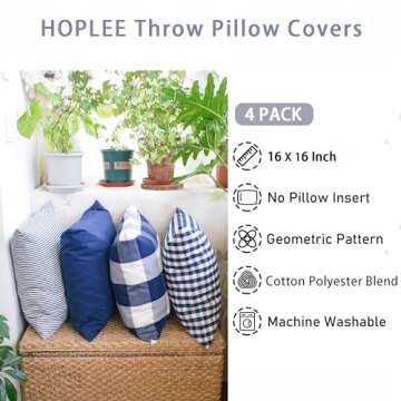 HOPLEE Navy Blue Decorative Pillow Cover 16x16 Pillow Cover with Buffalo Plaid, Solid Navy Blue, Tricking Stripe and Gingham Plaid Design 16x16 Inches Set of 4