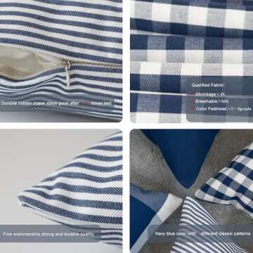 HOPLEE Navy Blue Decorative Pillow Cover 16x16 Pillow Cover with Buffalo Plaid, Solid Navy Blue, Tricking Stripe and Gingham Plaid Design 16x16 Inches Set of 4