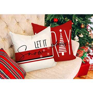 4TH Emotion Red Christmas Pillow Covers 18x18 Set of 4 Farmhouse Christmas Decorations Let It Snow Holly Jolly Winter Holiday Decor Throw Cushion Case for Home Couch S22C24