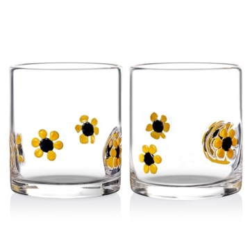 Burns Glass Sunflowers Rocks Glasses Set of 2 - 14 Oz Mexican Old Fashioned Whiskey Glass with Heavy...