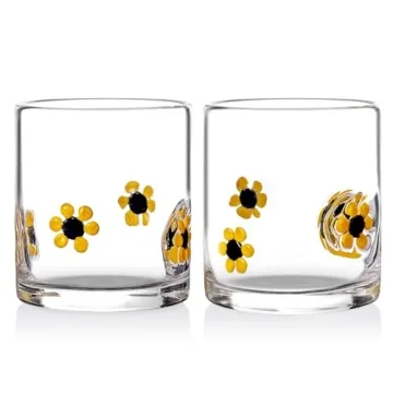 Burns Glass Sunflowers Rocks Glasses Set of 2 - 14 Oz Mexican Old Fashioned Whiskey Glass with Heavy...