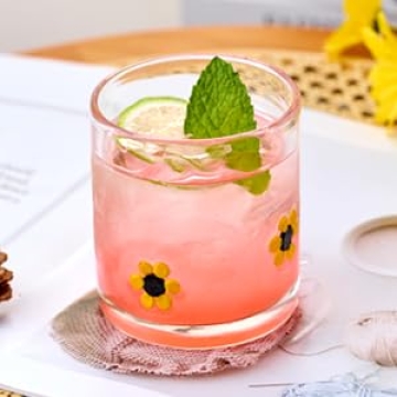 Burns Glass Sunflowers Rocks Glasses Set of 2 - 14 Oz Elegant Drinkware