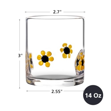 Burns Glass Sunflowers Rocks Glasses Set of 2 - 14 Oz Elegant Drinkware