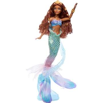 Mattel Disney The Little Mermaid Deluxe Ariel Doll with Iridescent Tail, Hair Jewelry Beads & Display Stand, Inspired by the Movie