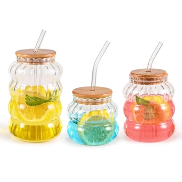 Koythin 3 Pieces Ribbed Glassware with Lids and Straws, Glass Cups, Highball Fluted Ripple Drinking ...
