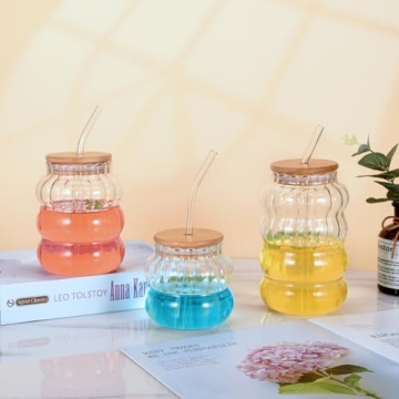 Koythin Ribbed Glassware Set with Lids and Straws - 3 Pieces