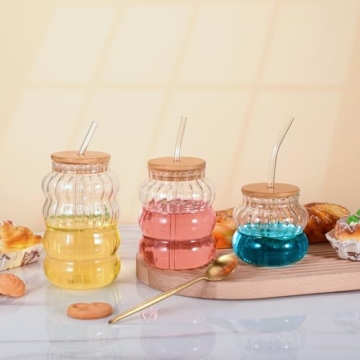 Koythin Ribbed Glassware Set with Lids and Straws - 3 Pieces