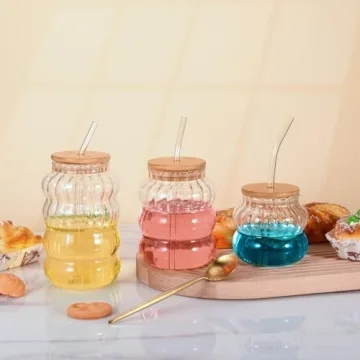 Koythin Ribbed Glassware Set with Lids and Straws - 3 Pieces