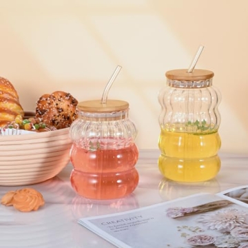 Koythin Ribbed Glassware Set with Lids and Straws - 3 Pieces