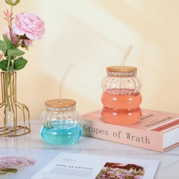 Koythin Ribbed Glassware Set with Lids and Straws - 3 Pieces