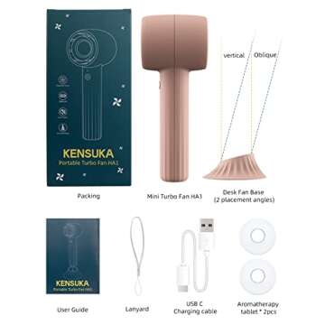 KENSUKA Portable Handheld Fan with Aromatherapy HA1, Personal USB Rechargeable Mini Turbo Fan with 3 Speed Adjustable and Desk Base, Pocket Hand Fans for Women, Travel, Makeup, Outdoor, Indoor.