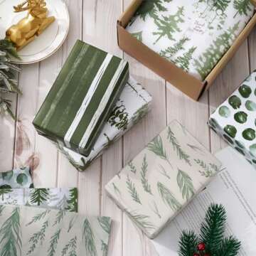 Whaline 90 Sheets Watercolor Forest Tissue Paper Christmas Tissue Paper Greenery Gift Wrapping Paper Decorative Art Craft Paper for Home DIY Gift Bags Winter New Year Decor, 14 x 20 Inch