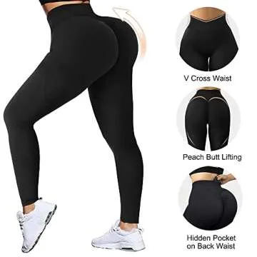 MOOSLOVER Women Crossover V Waist Butt Lifting Leggings High Waisted Yoga Pants(L,Black-722)