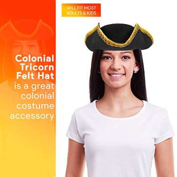 Skeleteen Colonial Black Tricorn Hat - Revolutionary War Costume Tricorner Deluxe Hat with Gold Trim...