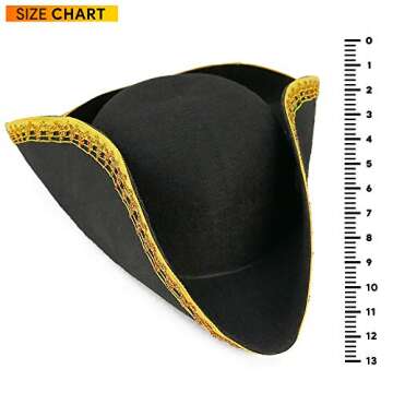 Skeleteen Colonial Black Tricorn Hat - Revolutionary War Costume Tricorner Deluxe Hat with Gold Trimming